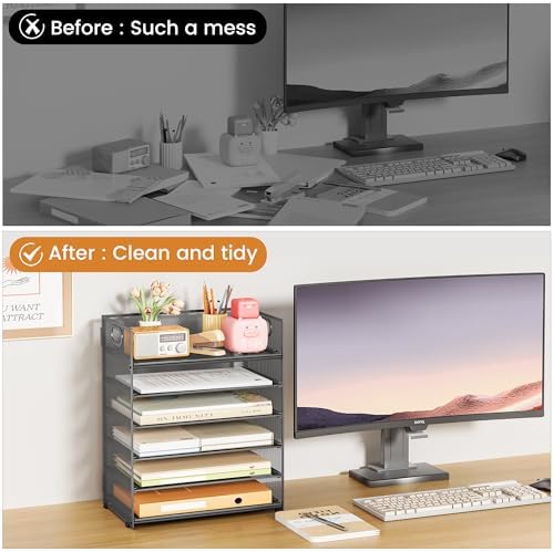 6 Tier Paper Organizer with Handle,Construction Teacher Desk Decor,Gray - Image 3