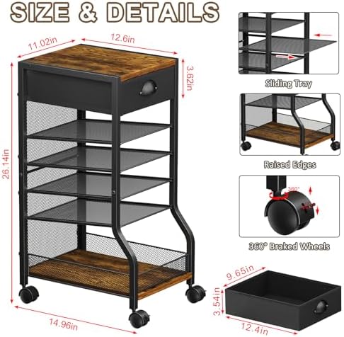 6-Tier Rolling File Cart with Drawer, Under Desk Storage with Paper Letter Sliding Trays, Standing File Organizer with Wheels, Slim Workspace Organizers for Office/Home/School/Study - Image 4
