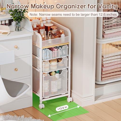 Rolling Makeup Cart Organizer with 3 Drawers, Narrow Floor Skincare Organizers, Vanity Organizer Cosmetics Display Cases Holder for Skin Care Nail Polish Perfume Makeup Brush, White - Image 2