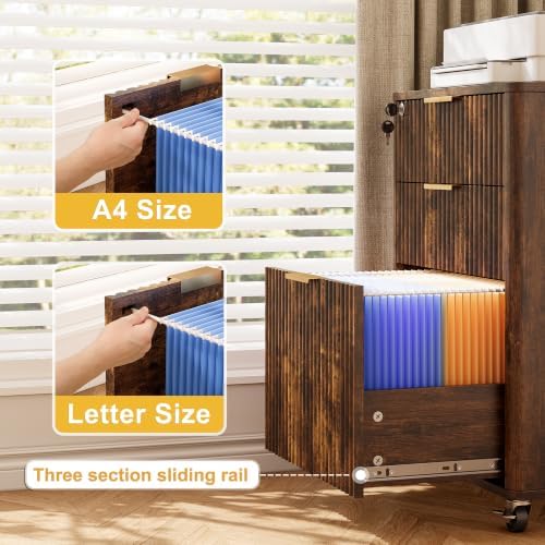 3 Drawers Fluted Mobile File Cabinet with Lock, Rolling File Cabinet Printer Stand Table, Under Desk Wooden Filing Cabinets for Home Office Essentials Storage Organization Furniture Letters/A4(Retro) - Image 3