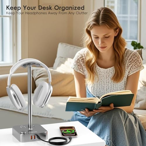 Headphone Stand with Charger, USB C, Gifts for Gamers Men, Gray - Image 2