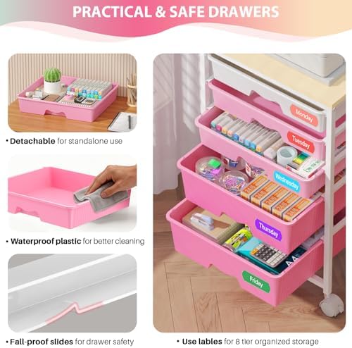 Rolling Cart with 5 Drawers for Craft, Art, Dorm, Office, Pink - Image 3