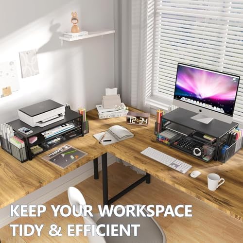 Desk Organizer and Accessories, 2-Tier Computer Monitor Stand Riser with Drawer and 2 Pen Holders, Laptop Stand, Office Desk Accessories for Office Supplies, Black 2-Pack - Image 5