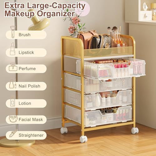 Makeup Cart Organizer with 4 Drawers, Large Floor Skincare Organizers, Vanity Storage Organizer Cosmetics Display Cases for Skin Care Perfume Nail Polish, Gold - Image 7