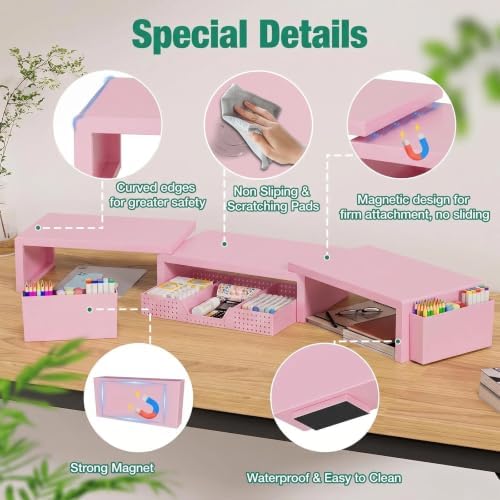 Desk Organizer and Accessories, Computer Monitor Stand Riser with Drawer and 2 Pen Holders, Laptop Stand, Office Desk Accessories for Office Supplies, Pink - Image 2