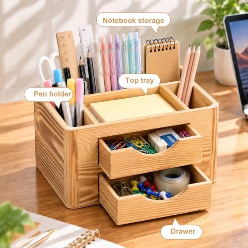 Multifunctional Desk Organizer with 2 Removable Drawers Pine Wood - Image 5