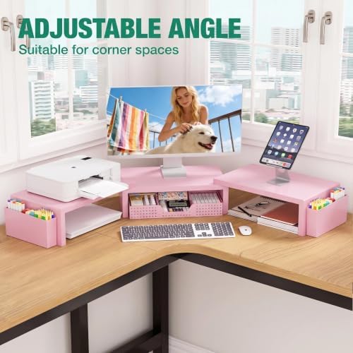 Desk Organizer and Accessories, Computer Monitor Stand Riser with Drawer and 2 Pen Holders, Laptop Stand, Office Desk Accessories for Office Supplies, Pink - Image 5