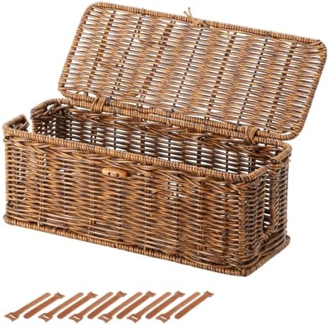 Cable Management Box, Cord Organizer with Lid & Ties-Braided Edging,Brown,M by BROWNLILY