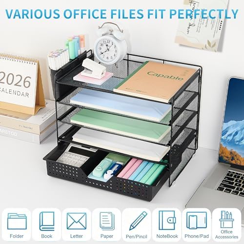 Desk Organizer and Accessories, 5-Tier Paper Letter Tray Organizer with Drawer & 2 Pen Holders for Desktop File Organization, Office Desk Accessories for Supplies Storage (Black) - Image 4