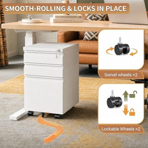 White 3 Drawer Metal File Cabinet with Lock and Casters - Image 4