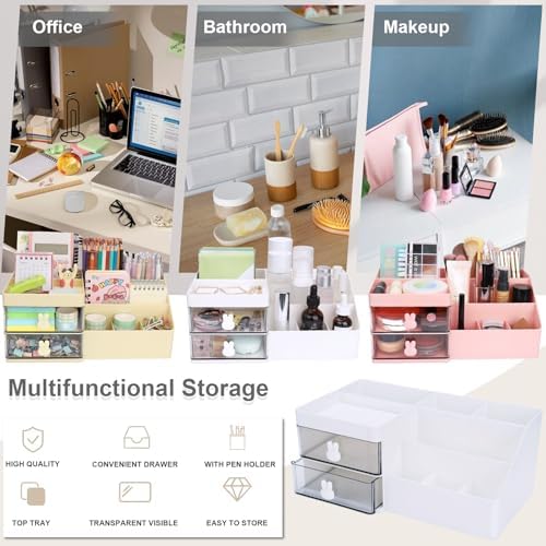 Desk Organizer, Makeup Organizer with 2 Drawer, 7 Compartment & a Top Tray, Desktop Organizers and Storage for Women, Cute Home organization Bathroom, 11" x 5.7" x 4.7" (White) - Image 4