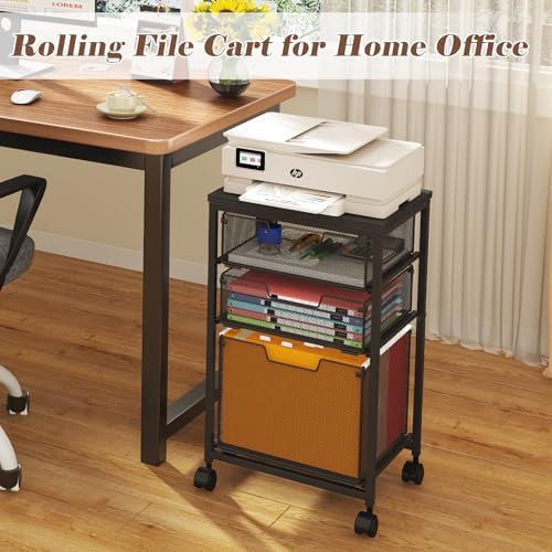 Rolling File Cart with 3 Drawers, Filing Cabinet, Hanging Folder Holder Organizer with Wheels, Under Desk Storage Utility Cart, File Cabinet Printer Stand for Home Office, Black - Image 6