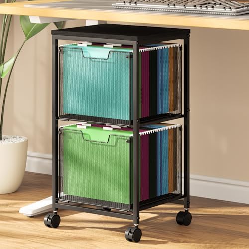 Rolling File Cart with 2 Storage Drawers, Mobile File Cabinet with Wheels, Hanging File Folder Organizer, Under Desk Storage, Printer Stand Utility Cart Filing Cabinet for Home Office,Black by shengbaomaoyi