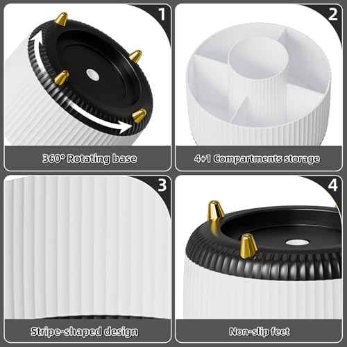 Marbrasse Desk Organizer, 360-Degree Rotating Pen Holder, Desk Organizers and Accessories with 5 Compartments Pencil Holder, Art Supply Storage Box Caddy for Office, Home (White+Black) - Image 4