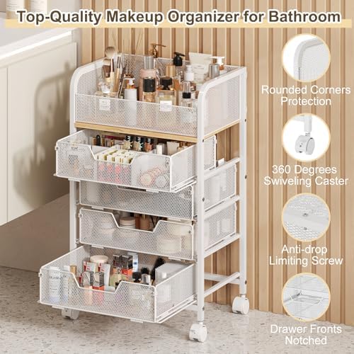 Makeup Cart Organizer with 4 Drawers, Rolling Makeup Cart, White - Image 4