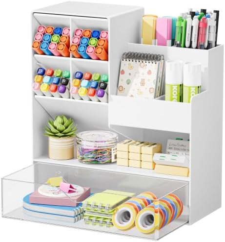 Marbrasse Plastic Pen Holder for Desk, Multi-Functional Desk Organizer Pencil Holder with Drawer, Desk Organizers and Accessories for Office Art Supplies(White) by Marbrasse