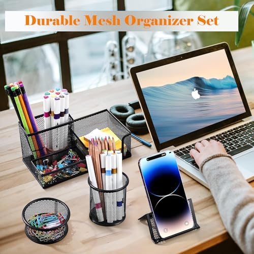 Moonlik Desk Organizers and Accessories Set, Mesh Pen Holder,Office School Home Desktop Supplies for Clip Phone Sticky Notes,Mail, Caddy Storage Baskets(Black,5 Piece Set) - Image 5