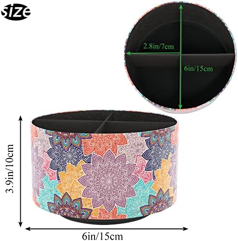 Round Leather Art Supply Organizer,Remote Control Holder,360 Degree Rotating,Multi-Functional Pencil Holder,4 Compartments Desktop Stationary Organizer(1-Colorful Flower) - Image 2