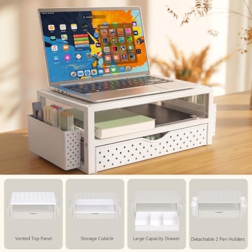 WALI Desk Organizer with Drawer and Pen Holder, 3 Tier Computer Monitor Stand for Home Office Supplies, Laptop Stand Riser for Computer, Laptop, Printer(PTT004-W), 1 Pack, White - Image 7