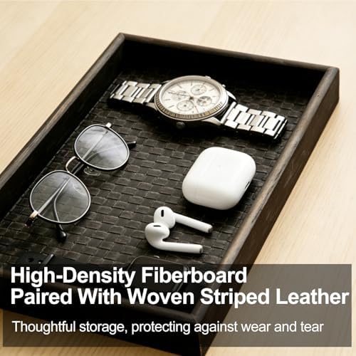 Wooden Valet Tray with Leather Base - Nightstand Catchall Organizer Desk Tray for Keys, Wallet, Men's Jewelry & Accessories(Black) (1, Black) - Image 4