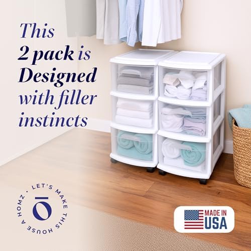 HOMZ Drawer Tower 3-Tier Storage Cart, Removable Wheels, White Frame,2 Pack - Image 4