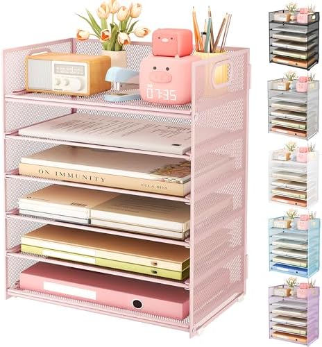 6 Tier Office File Paper Desk Tray Organizer with Handle, Stackable Slide Mesh Letter Tray Folder Pink Desk Organizer, Desktop Document Sorter for Classroom, Office, Home Supplies Storage by SUBEKYU
