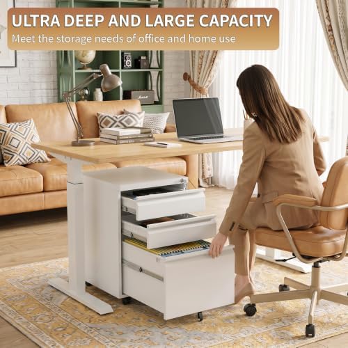White 3 Drawer Metal File Cabinet with Lock and Casters - Image 3