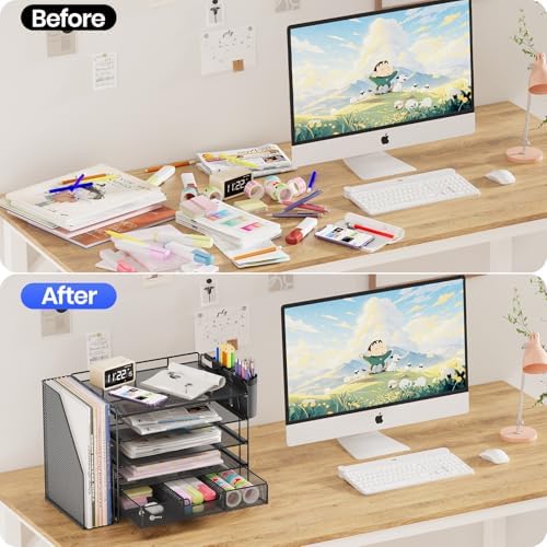 Desk Organizer, 5-Tier Desktop File Organizer with Drawer and Pen Holders, Office Desk Accessories, File Sorters, Workspace Organizers for Office Supplies(Black) - Image 5