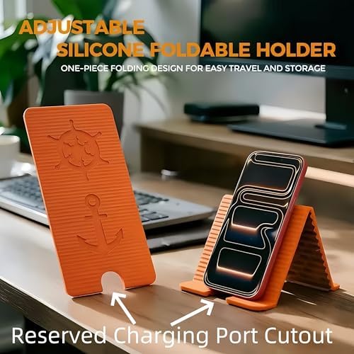 Flexible Silicone Aluminum Phone Holder Tablet Stand with Charging Port Design, Foldable Airplane Laptop/Phone Stand for Home Office Travel (Orange) - Image 2