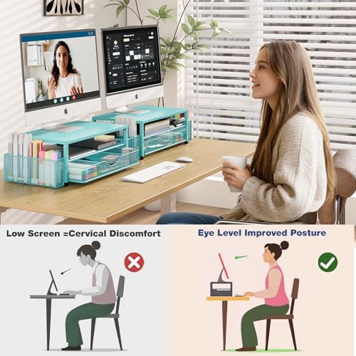 Desk Organizer and Accessories, 2-Tier Computer Monitor Stand Riser with Drawer and 2 Pen Holders, Laptop Stand, Office Desk Accessories for Office Supplies, Teal Blue - Image 5