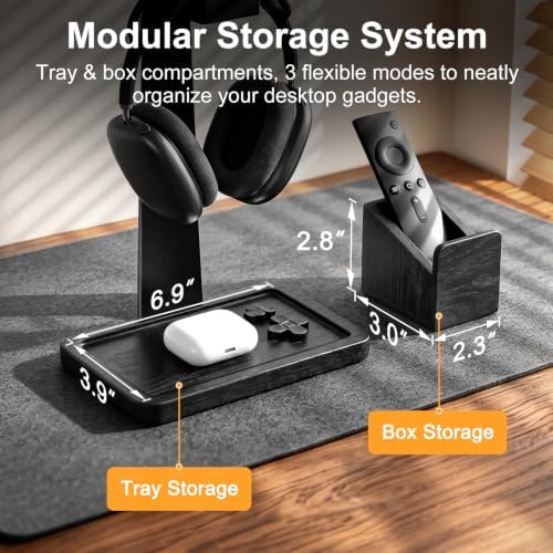 Solid Wood Metal Headphone Stand with Modular Controller Holder for Desk - Image 5