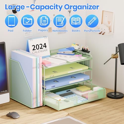 Desk Organizer, 4-Tier Desktop File Organizer with Drawer and Pen Holders, Office Desk Accessories, File Sorters, Workspace Organizers for Office Supplies(Green) - Image 6