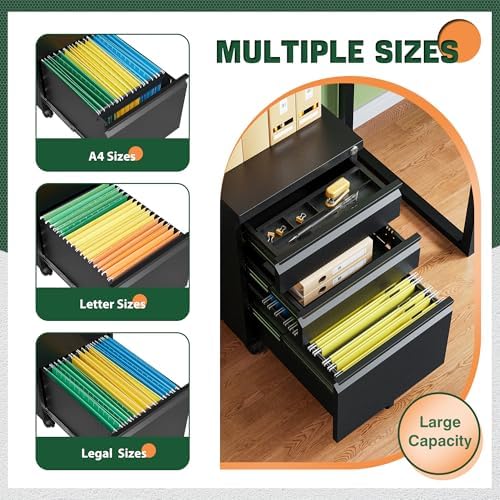 3 Drawer Mobile File Cabinet with Lock,Under Desk Metal Filing Cabinets for Home Office Organizer Letters/Legal/A4((Fully Assembled-Black) - Image 5