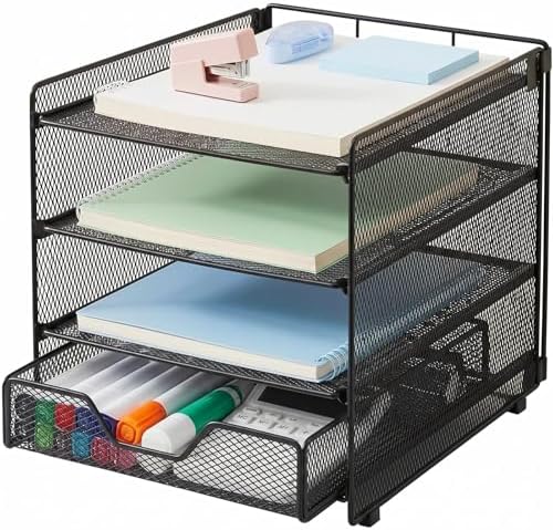 Desk Organizer, 4-Tier Desktop File Organizer with Drawer, Office Desk Accessories, File Sorters, Workspace Organizers for Office Supplies(Black Upgraded) by OPNICE