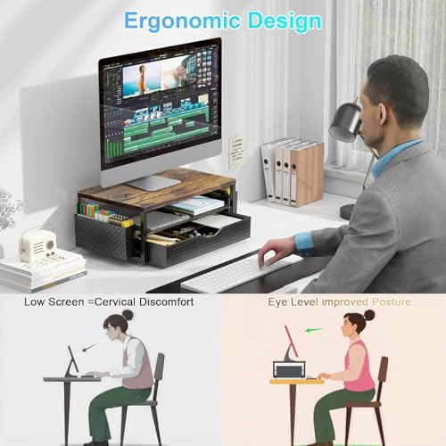 gianotter Desk Organizers and Accessories, Monitor Stand with Drawer and 2 Pen Holder, Desktop Organizer Suitable for Offices and Dormitories (Wood) - Image 2
