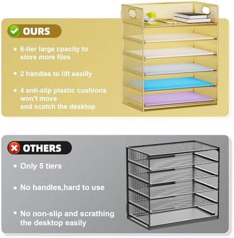 Marbrasse Paper Letter Tray Organizer - 6 Tier Mesh File Organizer with Handle, Paper Sorter Organizer for Letter/A4 Office File Folder Holder - Gold - Image 2