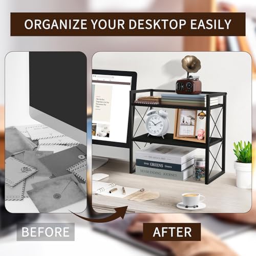Desktop Shelf Organizer, 2 Tier Office Shelves, Wood Desk Organizer Storage Rack and Freestanding Display Shelf for Office, Dormitory, Home(Black) - Image 5