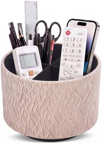 Round Leather Art Supply Organizer,Remote Control Holder,360 Degree Spinning,Multi-Functional Pencil Holder,4 Compartments Desktop Stationary Organizer(1-Leaves Flesh) by Hennaja