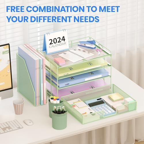 Desk Organizer, 4-Tier Desktop File Organizer with Drawer and Pen Holders, Office Desk Accessories, File Sorters, Workspace Organizers for Office Supplies(Green) - Image 3