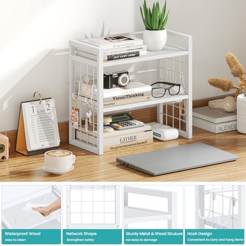 Desk Shelf Organizer, Tiered Wood Desktop Book Shelf, White - Image 4