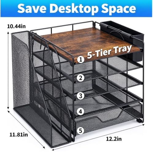 5-Tier Desk File Organizer with Drawer & Pen Holder (Wood) - Image 2