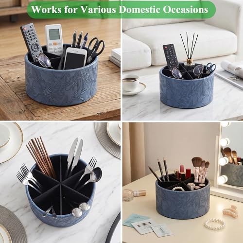 Remote Control Holder, 360°Spinning PU Leather Desk TV Remote Caddy,Desk Storage Box Room Accessories for Controller, Media,Mail,Calculator, Mobile Phone,Pencil(1-Carved Blue2) - Image 6