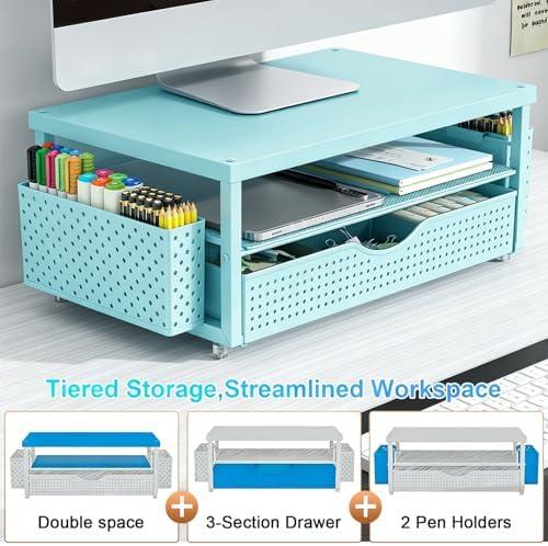 Monitor Stand with Drawer and 2 Pen Holders (Blue) - Image 3