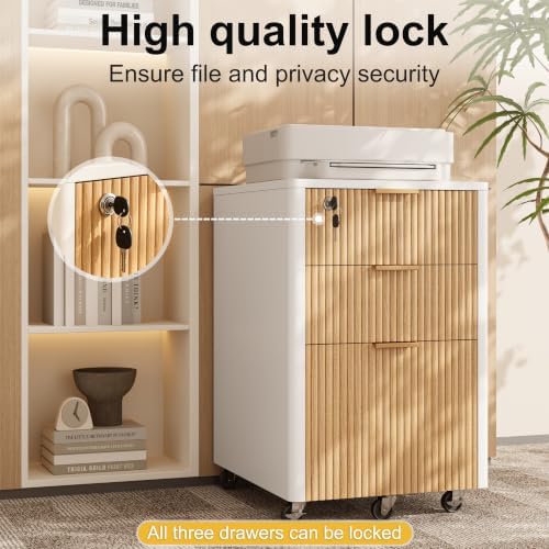 3 Drawers Fluted Mobile Filing Cabinet with Lock, Rolling File Cabinets Printer Stand Table with Charging Station, Under Desk for Home Office Essentials Storage Organization Furniture Letters/A4(Oak) - Image 3