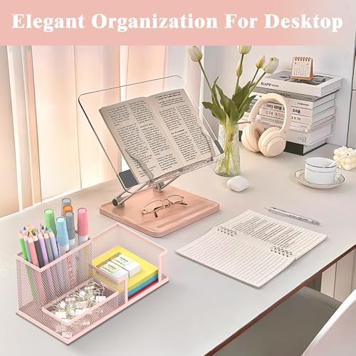Mesh Pen Holder Desk Organizer, Office Supplies Pencil Storage with 3 Compartments, Office Desk Accessories and Workspace Organizers for Home School Classroom, Pink - Image 3