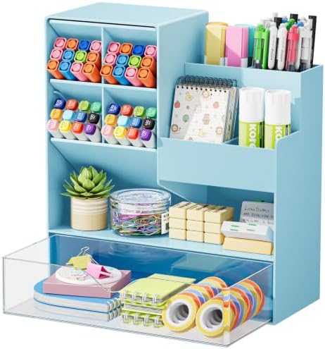 Marbrasse Plastic Pen Holder for Desk, Multi-Functional Desk Organizer Pencil Holder with Drawer, Desk Organizers and Accessories for Office Art Supplies(Blue) by Marbrasse