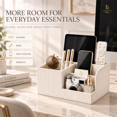 Pen Holder for Desk, 4-Compartment PU Leather Desk Organizer, Cream - Image 3