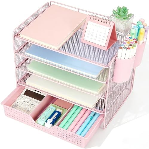 Desk Organizers and Accessories, 5-Tier Paper Letter Tray Organizer with Drawer & 2 Pen Holders, Desktop Organizer for Office Supplies (Pink) by Stylishworkspaceeffortlessorganization
