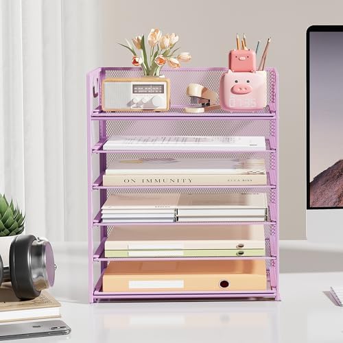 6-Tier Desk Paper Organizer, Desktop File Letter Tray with Handle, Document Sorter and Accessories Holder for Office, Home and School Workspace Organizers, Purple-2 Pack - Image 4