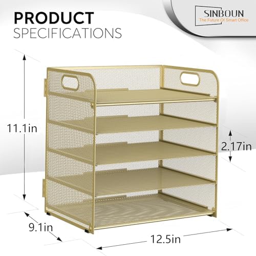 Letter Tray Paper Organizer 5-Tier Desk Organizer File Organizer Paper Holder with Handle, Metal Desktop Document Shelf Tray Office Classroom Organization - Gold - Image 2